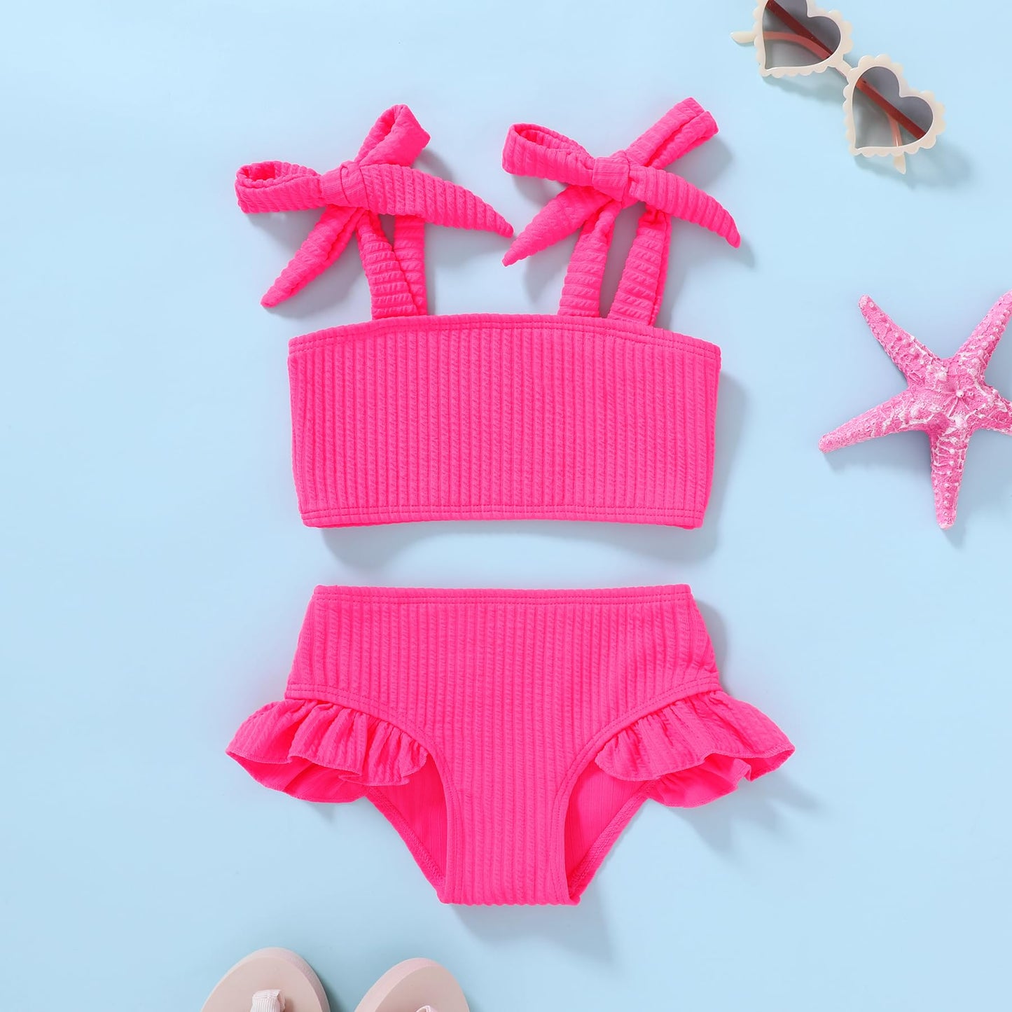 Younger Tree Toddler Girls Two Pieces Swimsuit Color Block Stripe Swimwear Summer Beach Bathing Suit 18M-5T(Pink 6-7T)