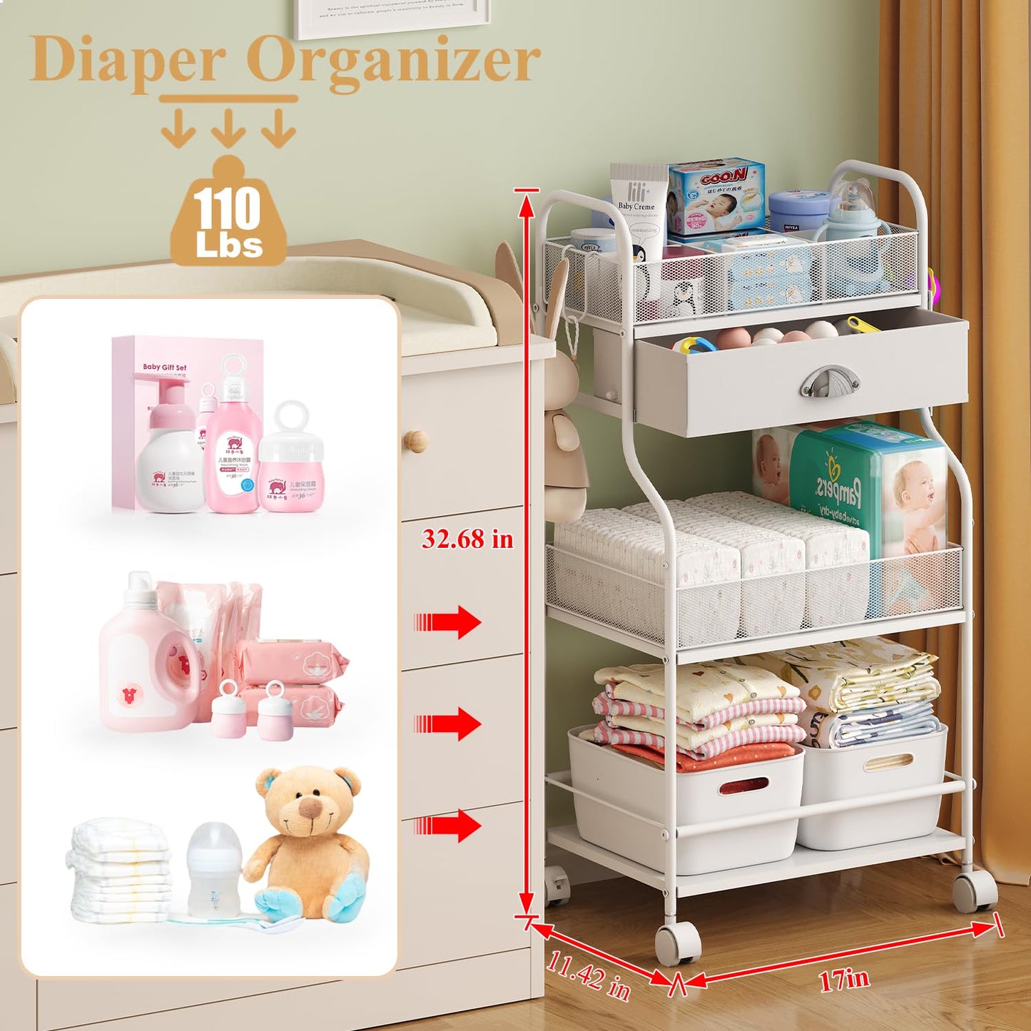 Baby Diaper Caddy Cart Organizer -3 Tier, Bedside Nursery Essentials Cart & Storage Holder For Newborn Baby Stuff, 2+1 Dividers,