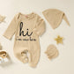 Grnshts Newborn Baby Boy Romper Coming Home Outfits Letter Print Knitted Jumpsuit+Hat+Gloves 3Pcs Clothes Set (Apricot, 1-3 Mont