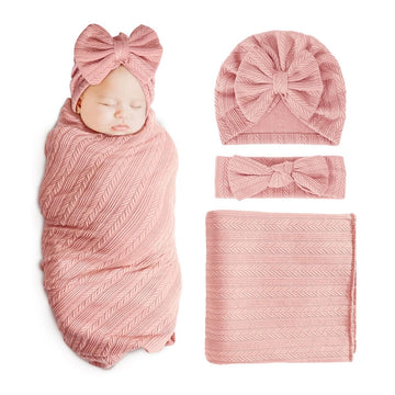 SNOWIE Soft 3Pcs Newborn Swaddle Set with Turban Cap Headband