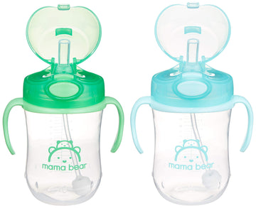 Amazon Brand - Mama Bear Silicone Weighted Straw Sippy Cup, 9 Ounces, Pack Of 2, Blue/Green