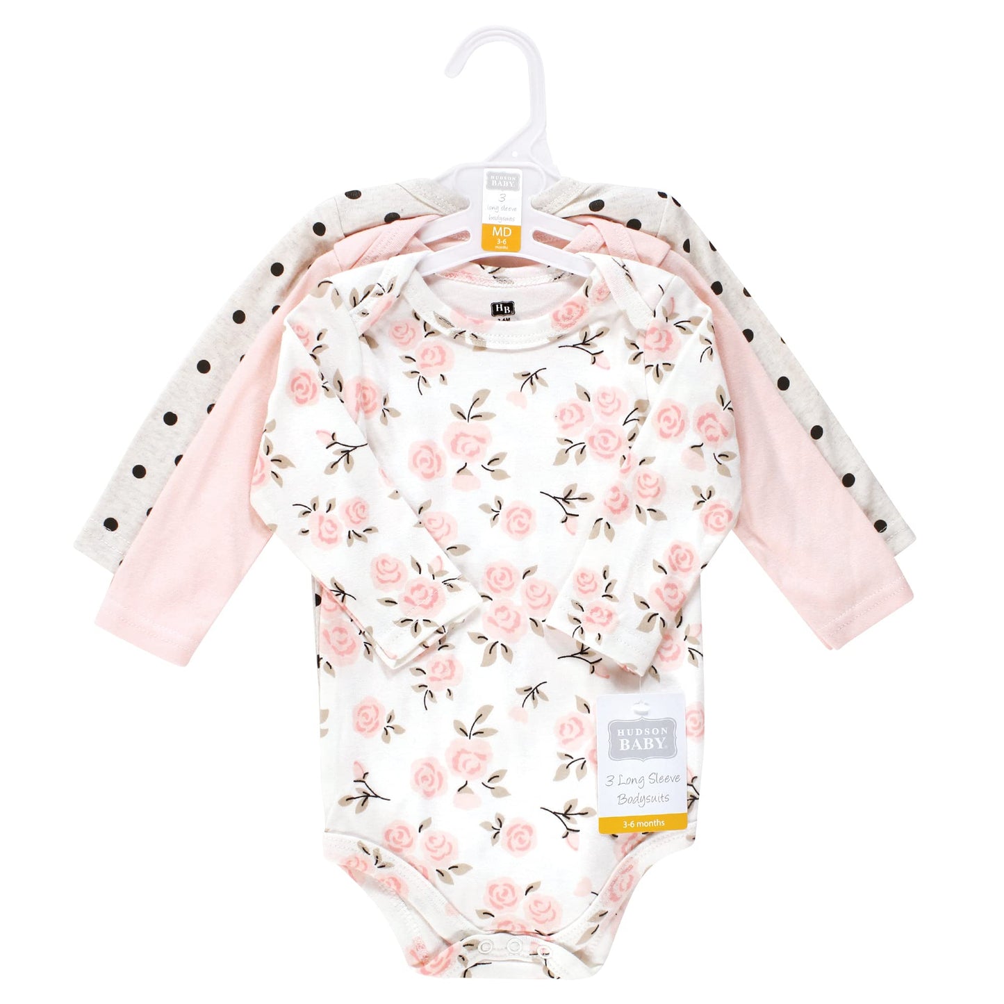 Hudson Baby Unisex Baby Cotton Long-Sleeve Bodysuits, Cinnamon Pink Prints 3-Pack, Newborn