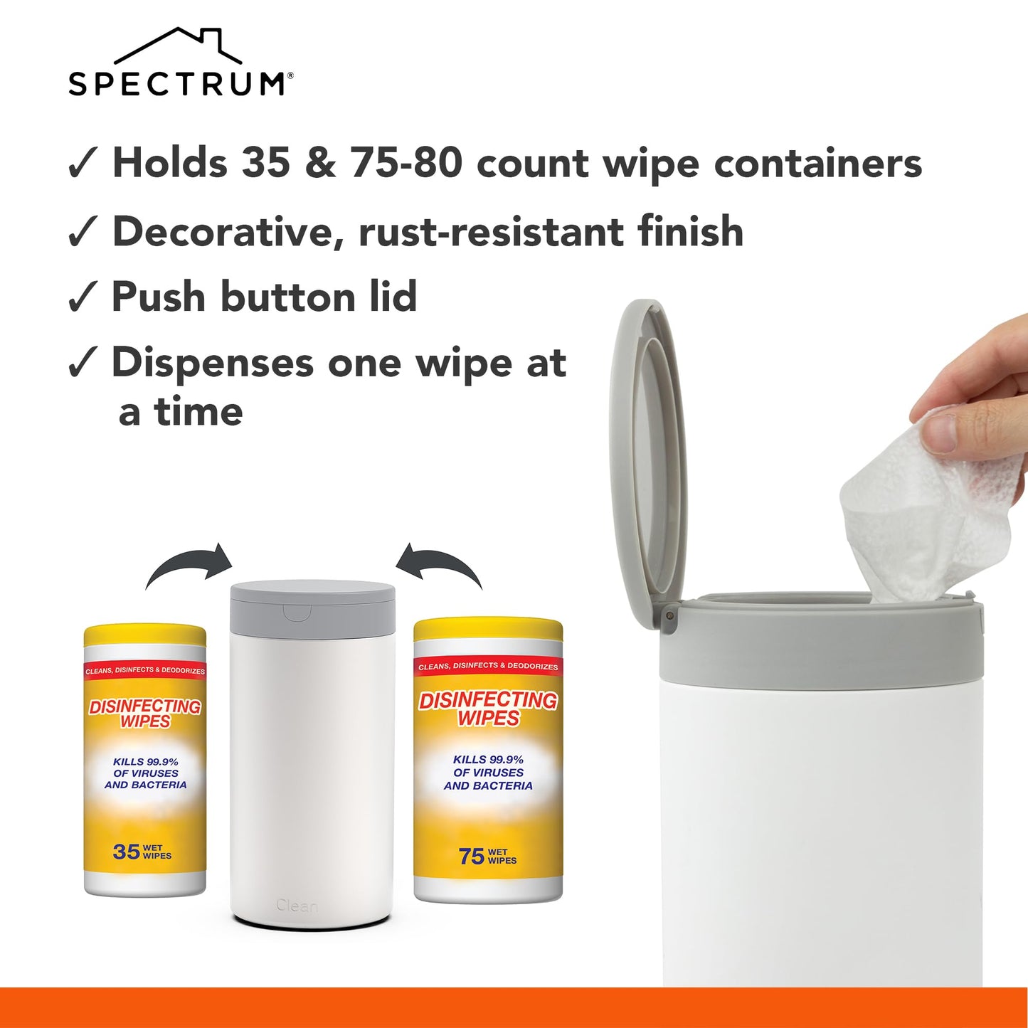 Spectrum Disinfecting Wipes Container With Push Button Lid - Refillable Dispenser For Bathroom, Kitchen, Classroom, Countertop,