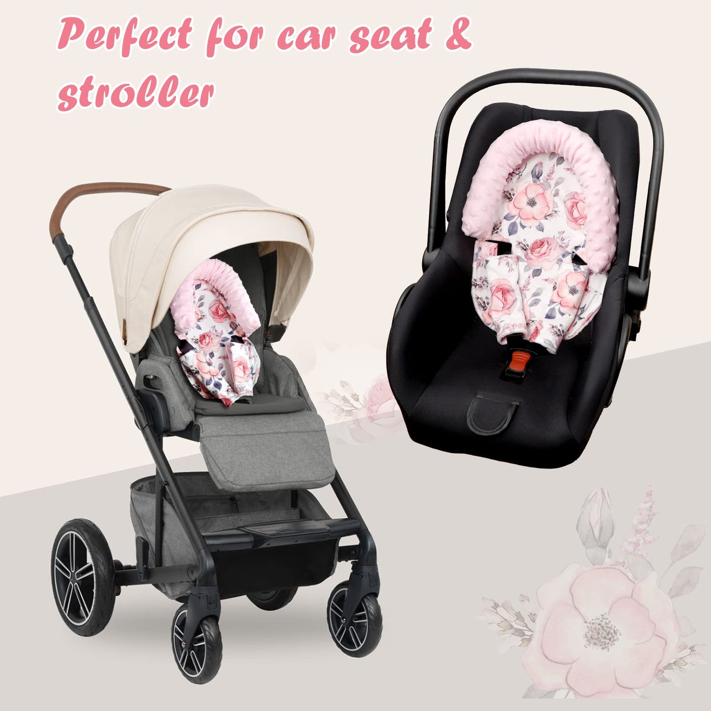 Baby Carseat Headrest, Minky Baby Head Support Girls, Floral Infant Car Seat Insert, Newborn Cushion For Strollers, Pink Flower