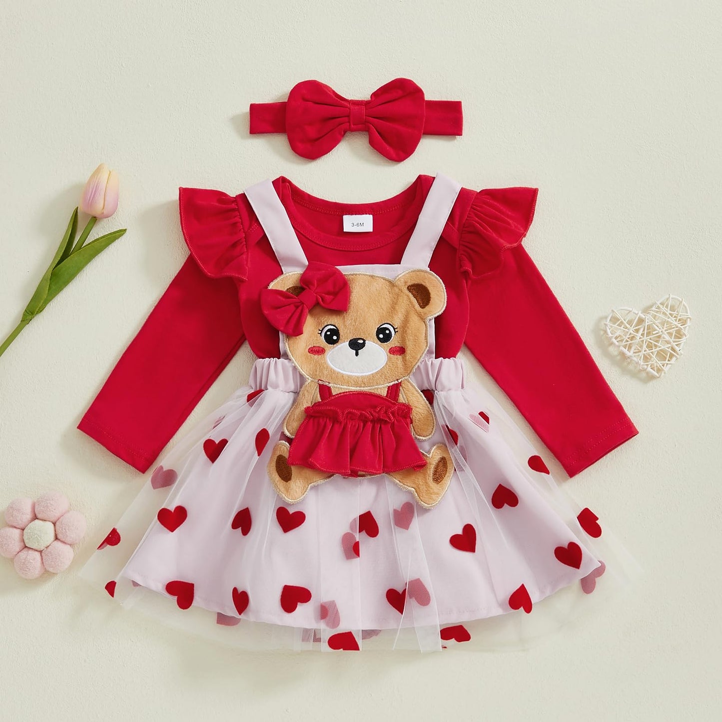 Christmas Baby Girl Outfit Newborn Cute Elk Fly Sleeve Romper Overall Dress Infant Girls Fall Winter Skirt Set (Heart Valentines