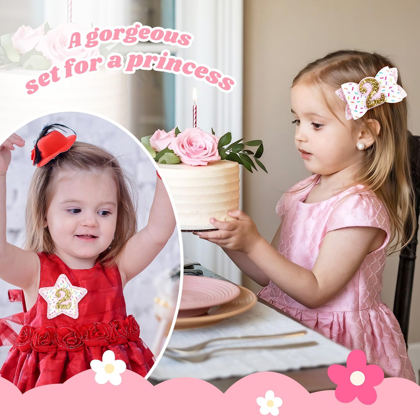 Deeka 2Nd Birthday Hair Bow And Badge Set For Girl - Glitter Pink And White Hair Clips For 2 Year Girl Party Decoration - Toddle