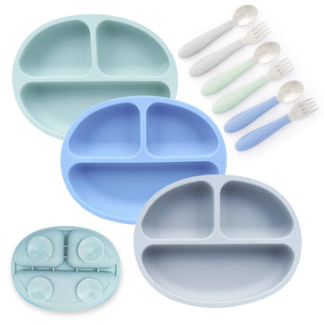 Elk And Friends Silicone Suction Plate For Babies/Toddlers + Stainless Steel Silverware Feeding Set | Divided Plate | Suction De