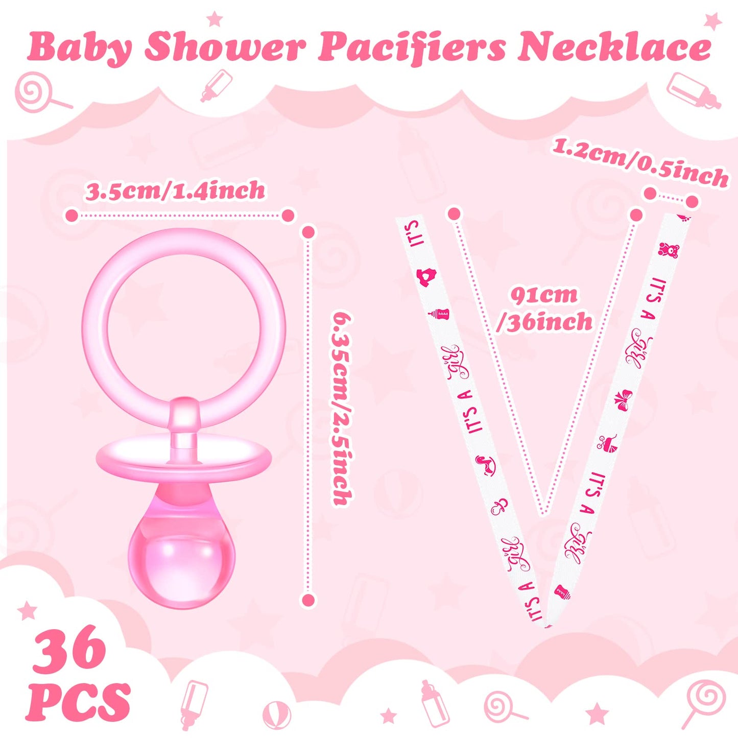 Coume 36 Pcs Baby Shower Pacifiers Necklace Acrylic Baby Pacifiers Party Favors Charm Necklace For Girls Boys Shower Party Decor