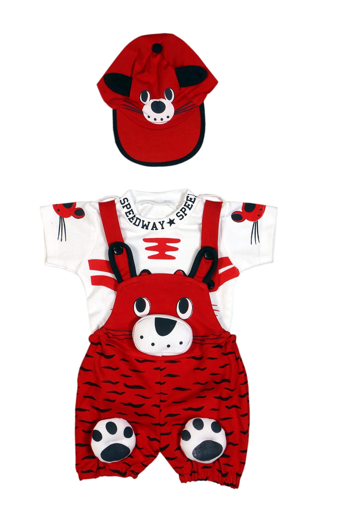 Wearilio Baby BoyS And Baby GirlS Dungree Set / Romper Set With TShirt And Cap (6 Months  12 Months, Red)
