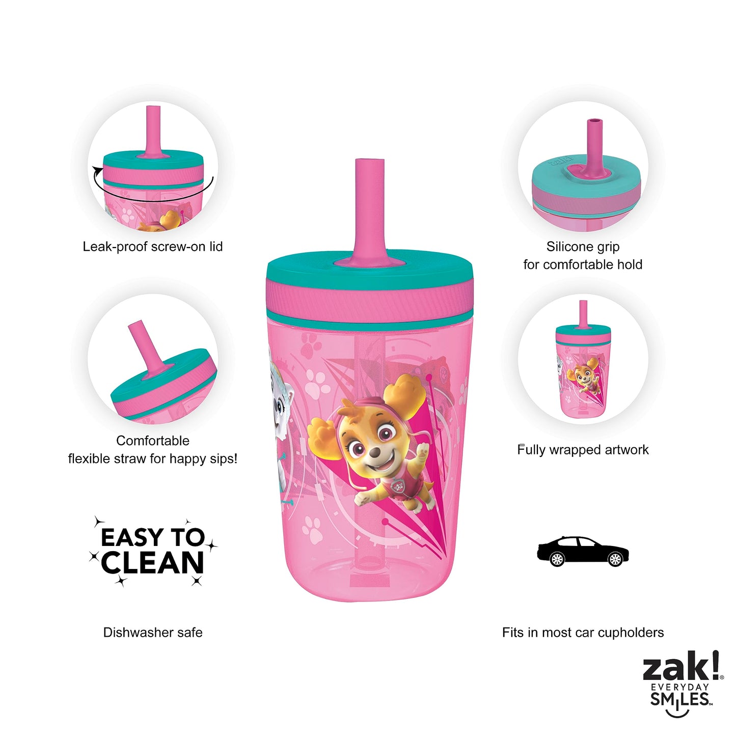 Zak Designs Kelso 15 oz Tumbler Set (Paw Patrol Skye & Everest) Leak-Proof Screw-On Lid with Straw Made of Durable Plastic and S