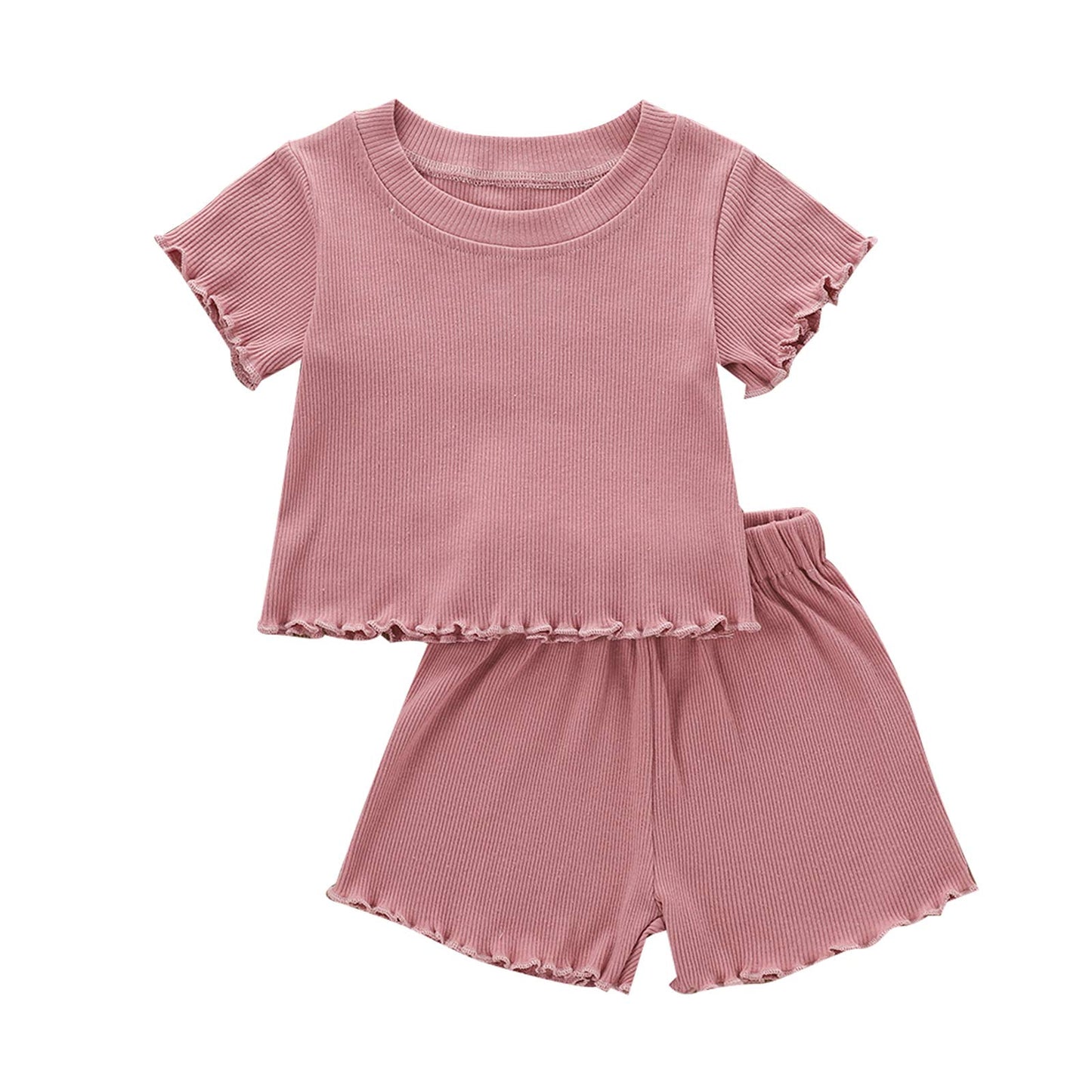 Kupretty 2Pcs Toddlers Baby Girls Summer Clothes Set Ruffle Ribbed Short Sleeves T-Shirt Tops Shorts Comfy Outfits (Pink, 3-4 Ye