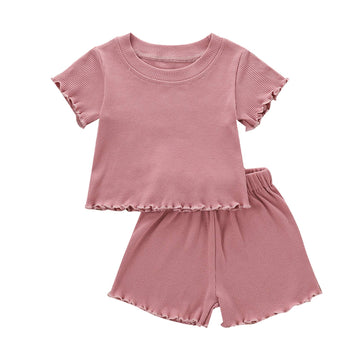 Kupretty 2Pcs Toddlers Baby Girls Summer Clothes Set Ruffle Ribbed Short Sleeves T-Shirt Tops Shorts Comfy Outfits (Pink, 3-4 Ye