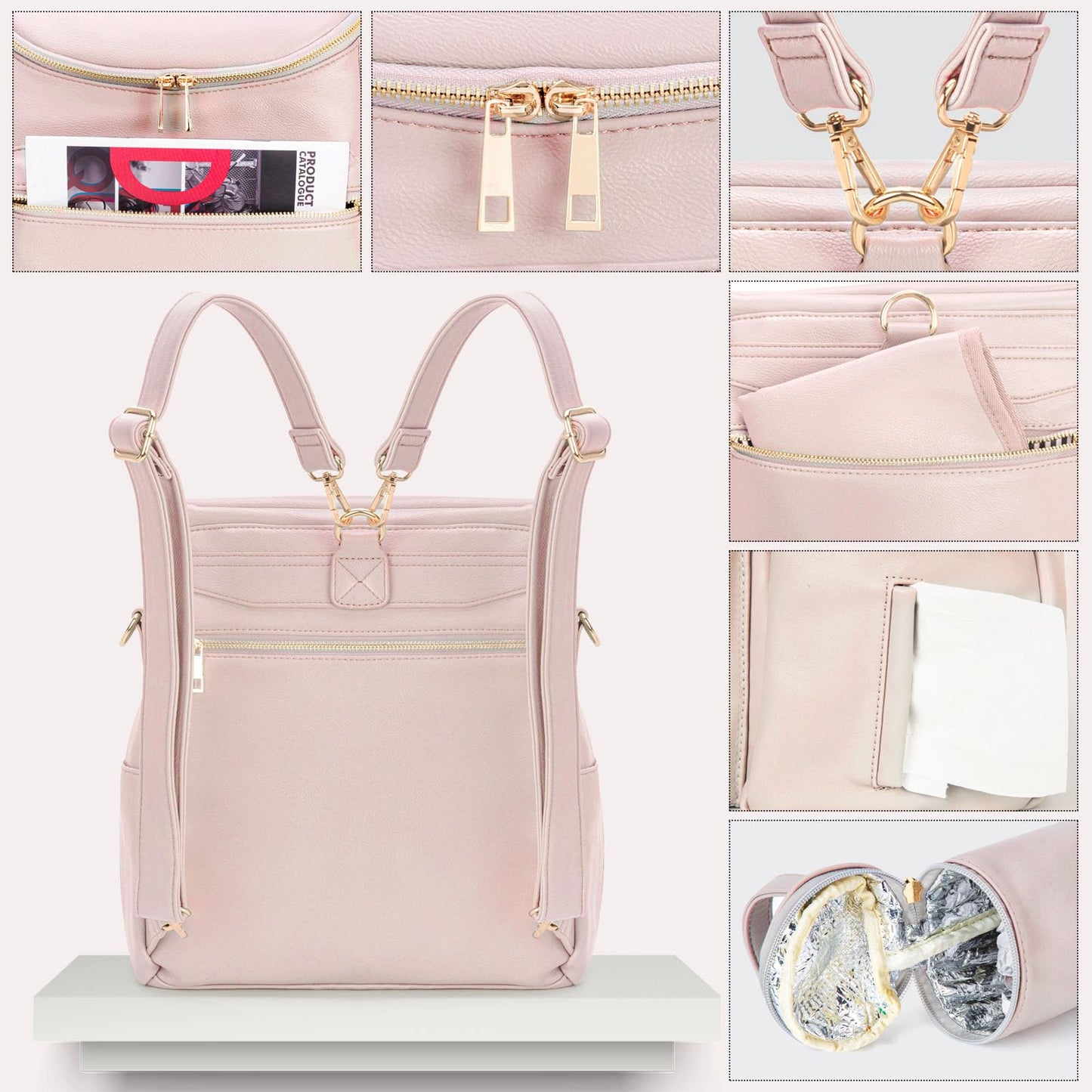 Minsong Diaper Bag Backpack, Fashion Leather Mommy Backpacks, Travel Baby Diaper Bags With In Bag Organizer And Changing Pad (Pi