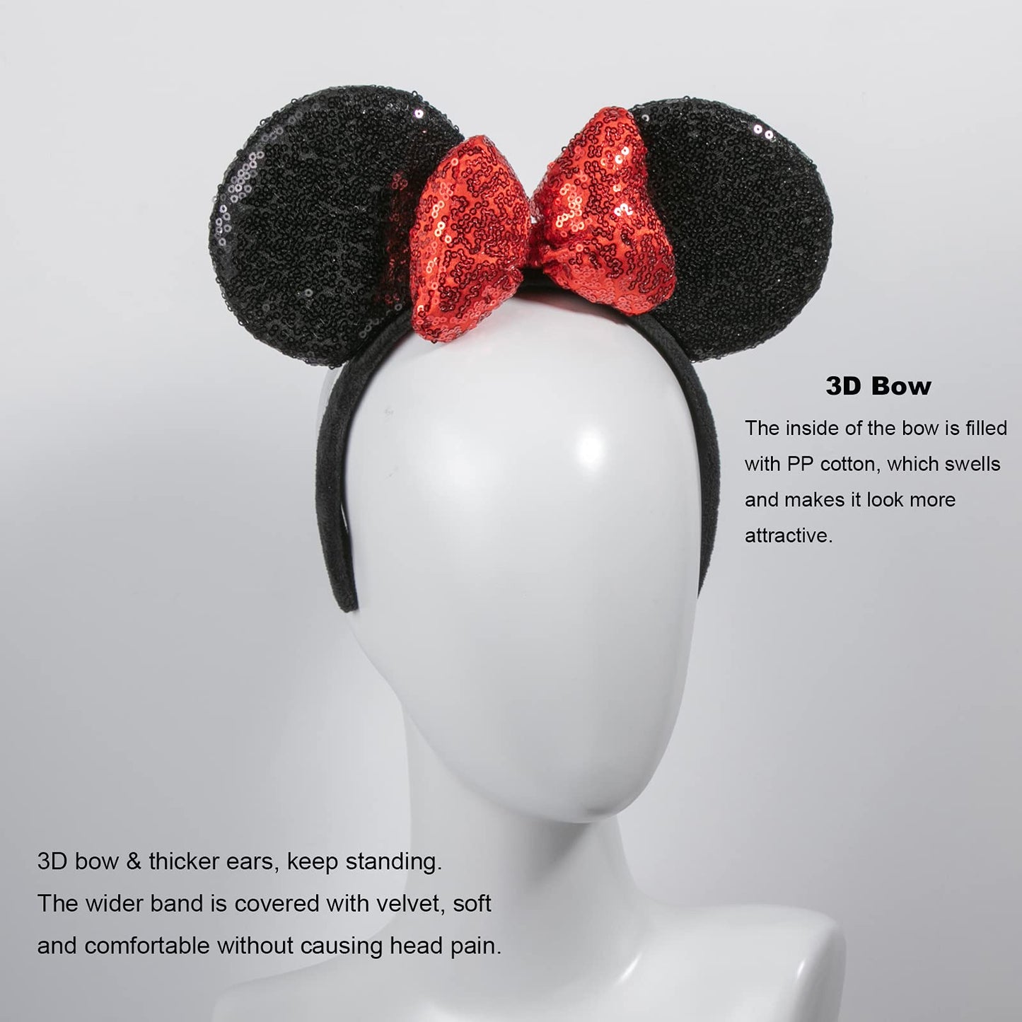 Chuangqi 1Pcs Mouse Ears Shiny Headband With 3D Bow, Double-Sided Sequin Hair Band For Birthday Party Or Amusement Park (3D Red