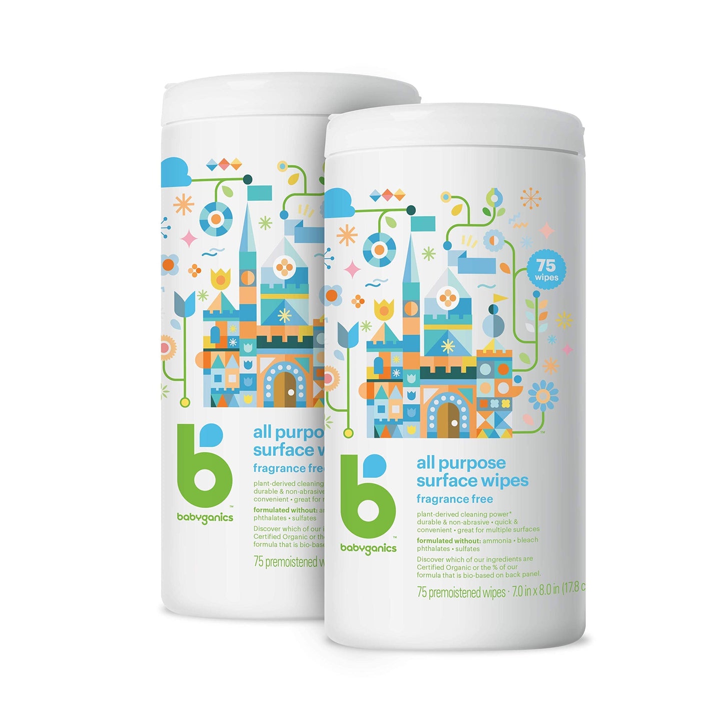 Babyganics All Purpose Surface Wipes, Fragrance Free, 75 Count (Pack Of 2), Plant Based And Non-Abrasive, No Ammonia, No Bleach