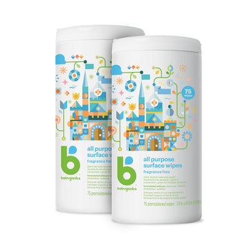 Babyganics All Purpose Surface Wipes, Fragrance Free, 75 Count (Pack Of 2), Plant Based And Non-Abrasive, No Ammonia, No Bleach