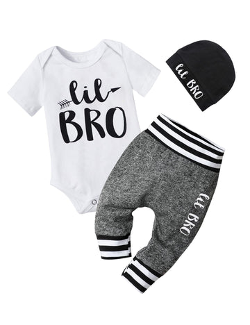 Baby Boy Clothes 3-6 Months Outfits Short Sleeve Cotton Romper + Little Bro Pants + Hat Cute Infant Summer Clothing Set