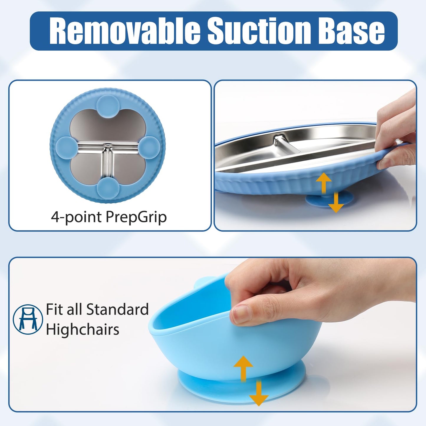 Misslili Stainless Steel Kids Plates And Bowls With Suction, Divided Baby Plate And Toddler Bowl With Removable Silicone Suction