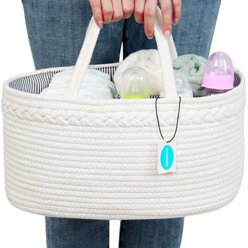 Casaphoria Little Large Baby Diaper Caddy Organizer - Nursery Storage Bin For Boys & Girls, Car Organizer, Cotton Rope Basket Po