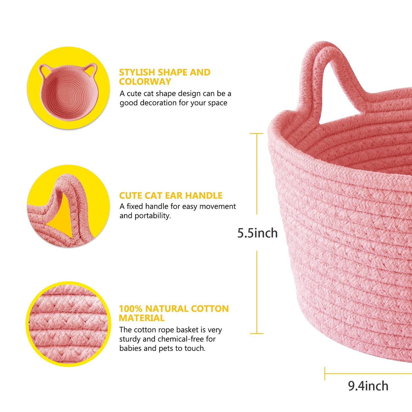 Cafshion Small Cat Ears Basket, Woven Cotton Rope Organizer with Handles - Decorative Nursery Bin & Box for Baby, Pet Toy Storag
