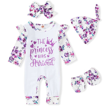 Grnshts Newborn Baby Girl Romper Infant Letter Print Bodysuit Jumpsuit+Hat+Headband+Gloves Coming Home Clothes Outfit Preemie Fl