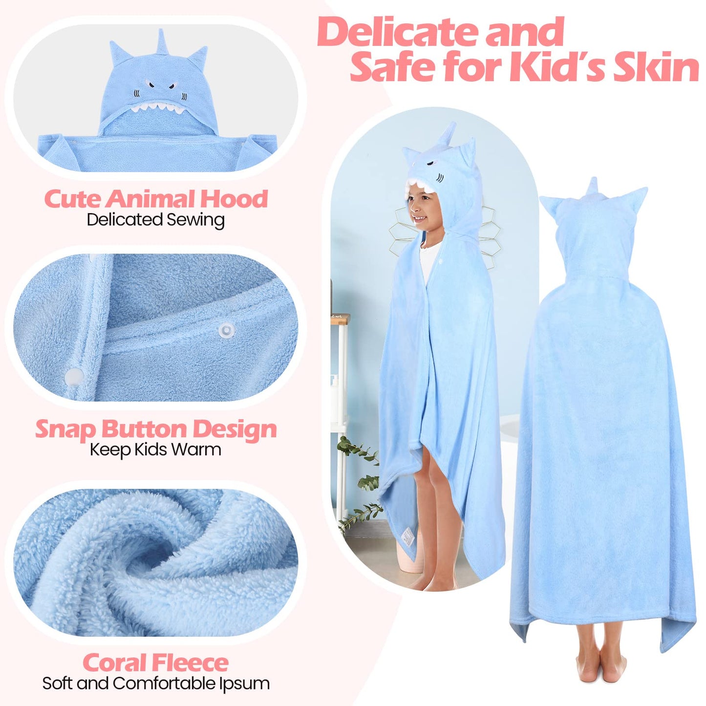 Moukeren 3 Pcs Hooded Towel For Kids 27.5 X 50 Inch Large Size Kids Bath Towel Kids Coral Fleece Soft Absorbent Blanket For Kid