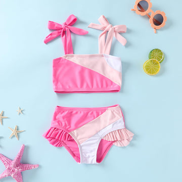 Younger Tree Toddler Girls Two Pieces Swimsuit Color Block Stripe Swimwear Summer Beach Bathing Suit (S Red 18-24 Months)