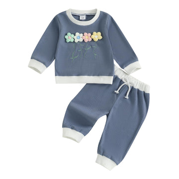 Amnnchya Toddler Clothes For Girls Baby 3D Flower Fall Winter Outfits Stripes Waffle Sweatshirt Pullover Cute Pants Set (Blue Fl