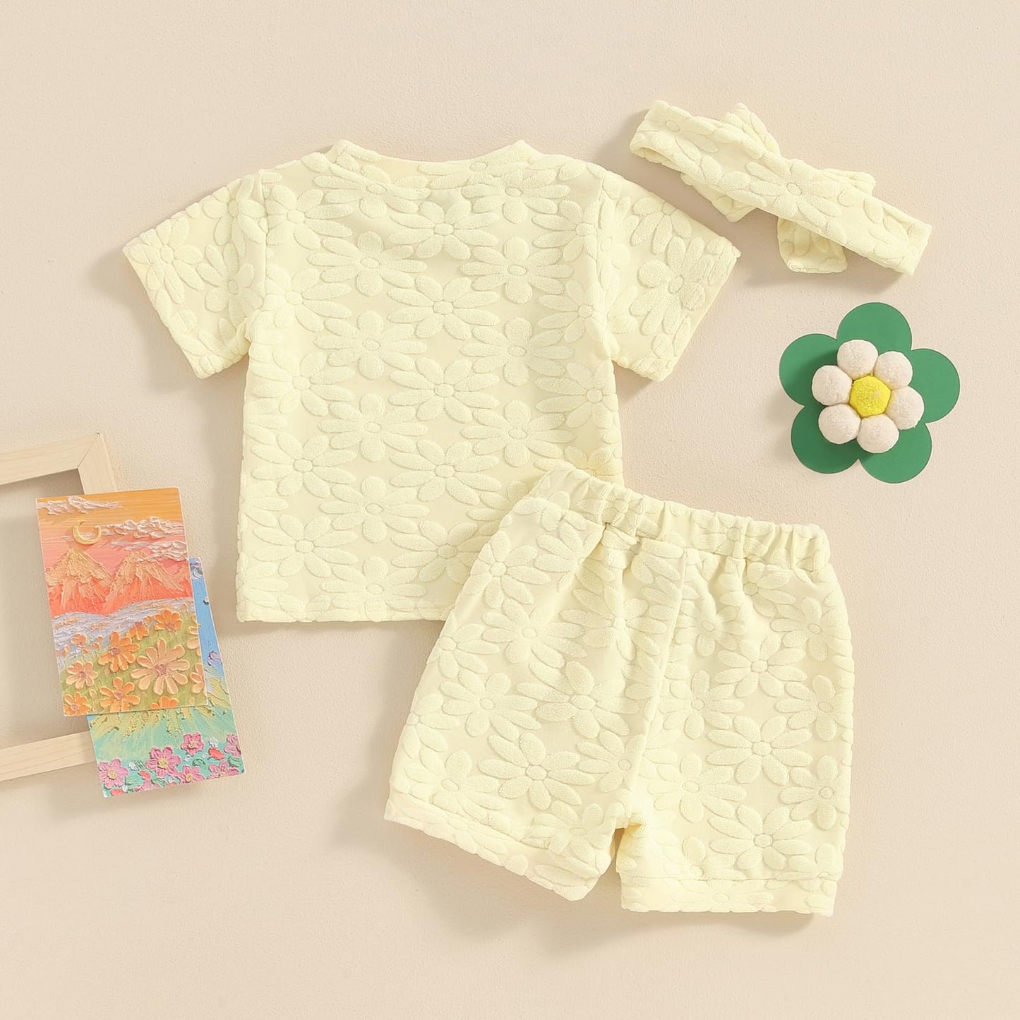 Toddler Baby Girls Daisy Chenille Patch Outfit Short Sleeve T-Shirt Shorts Headband 3Pcs Summer Clothes Set (Yellow, 18-24 Month