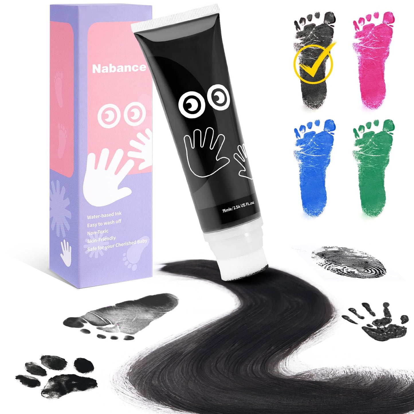 Nabance 2.54 Fl Oz Black Baby Hand And Footprint Friendly Ink Paint, Dog Cat Paw Print Safe Ink, Non-Toxic Acid-Free, Safe Gentl