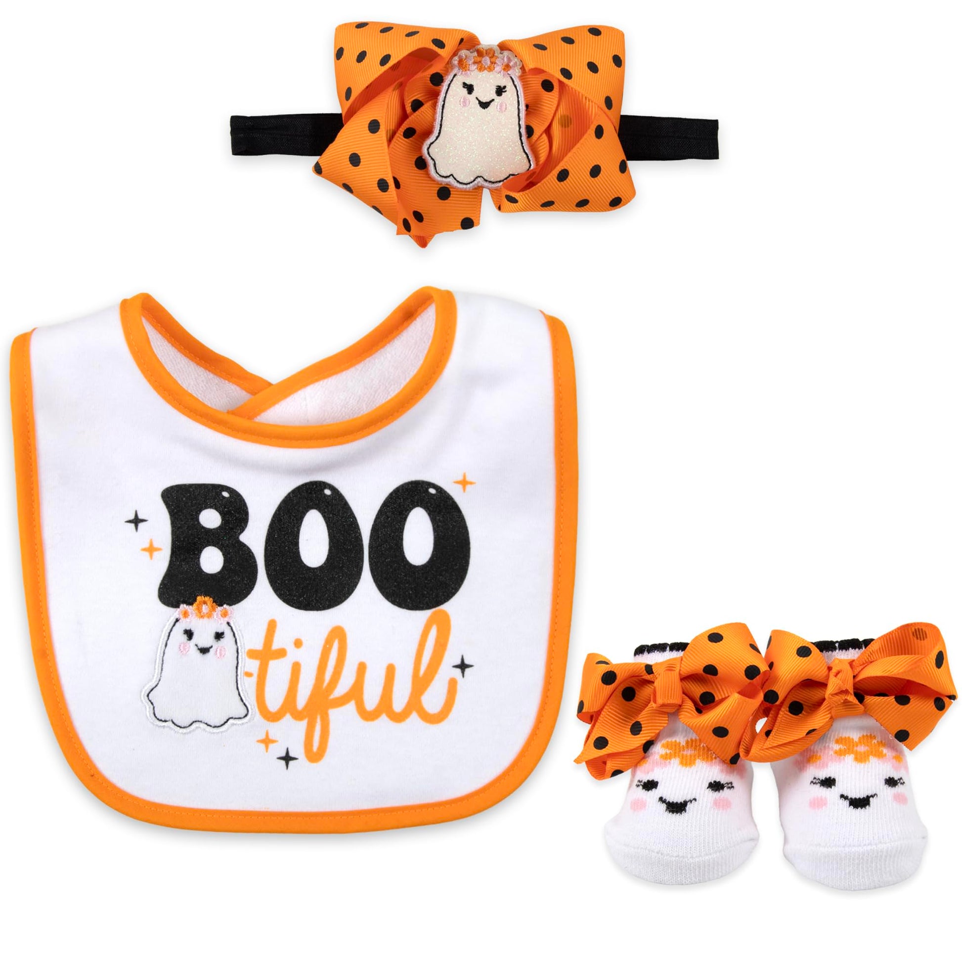 Baby Bib, Booties & Headband Gift Set - 3 Piece Halloween Outfit for Girls BOOtiul - Infant Fall Holiday Baby Gift
