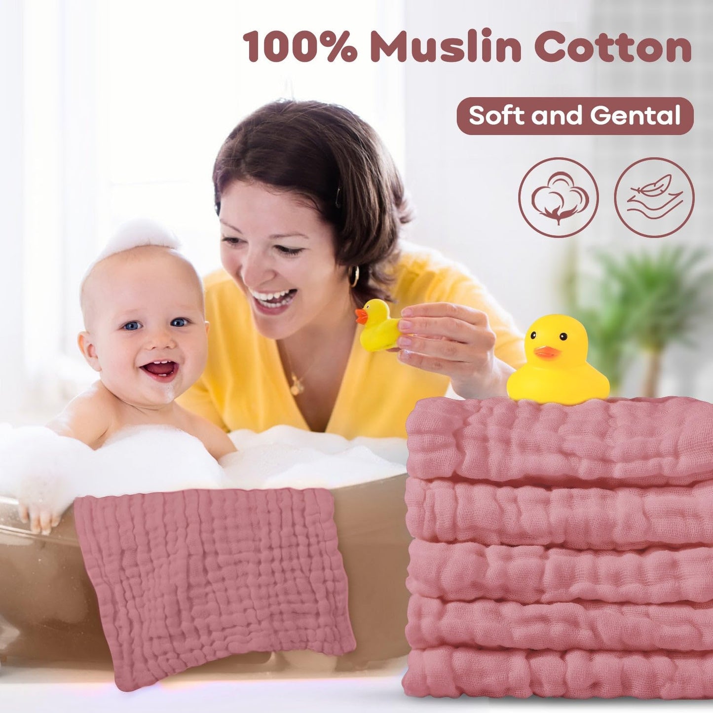 Yoofoss Muslin Baby Washcloths 100% Cotton Face Towels 6 Pack Wash Cloths For Baby 12X12In Soft And Absorbent Baby Wipes (Bean P