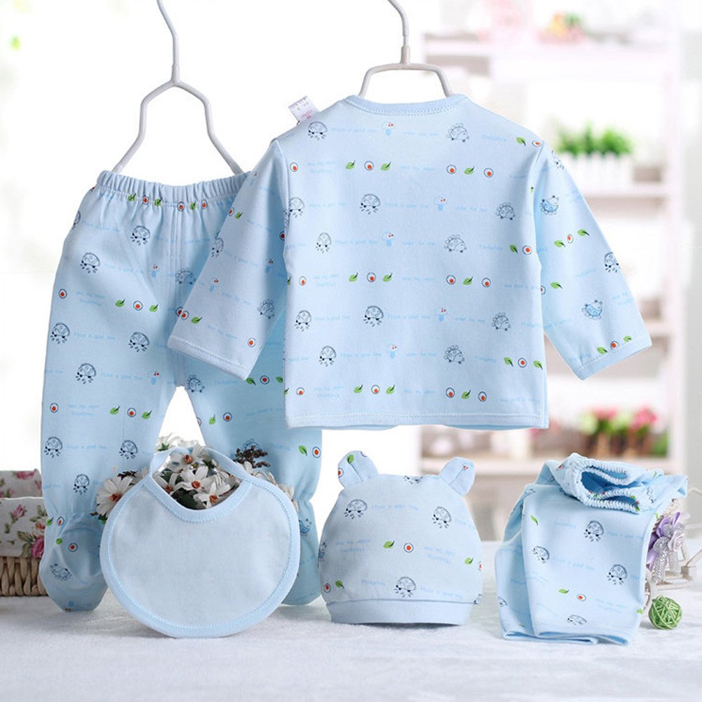 Gajaous 5Pcs Newborn 0-3M Boys Girls Baby Cotton Clothes Tops Hat Pants Suit Outfit Sets Onesize