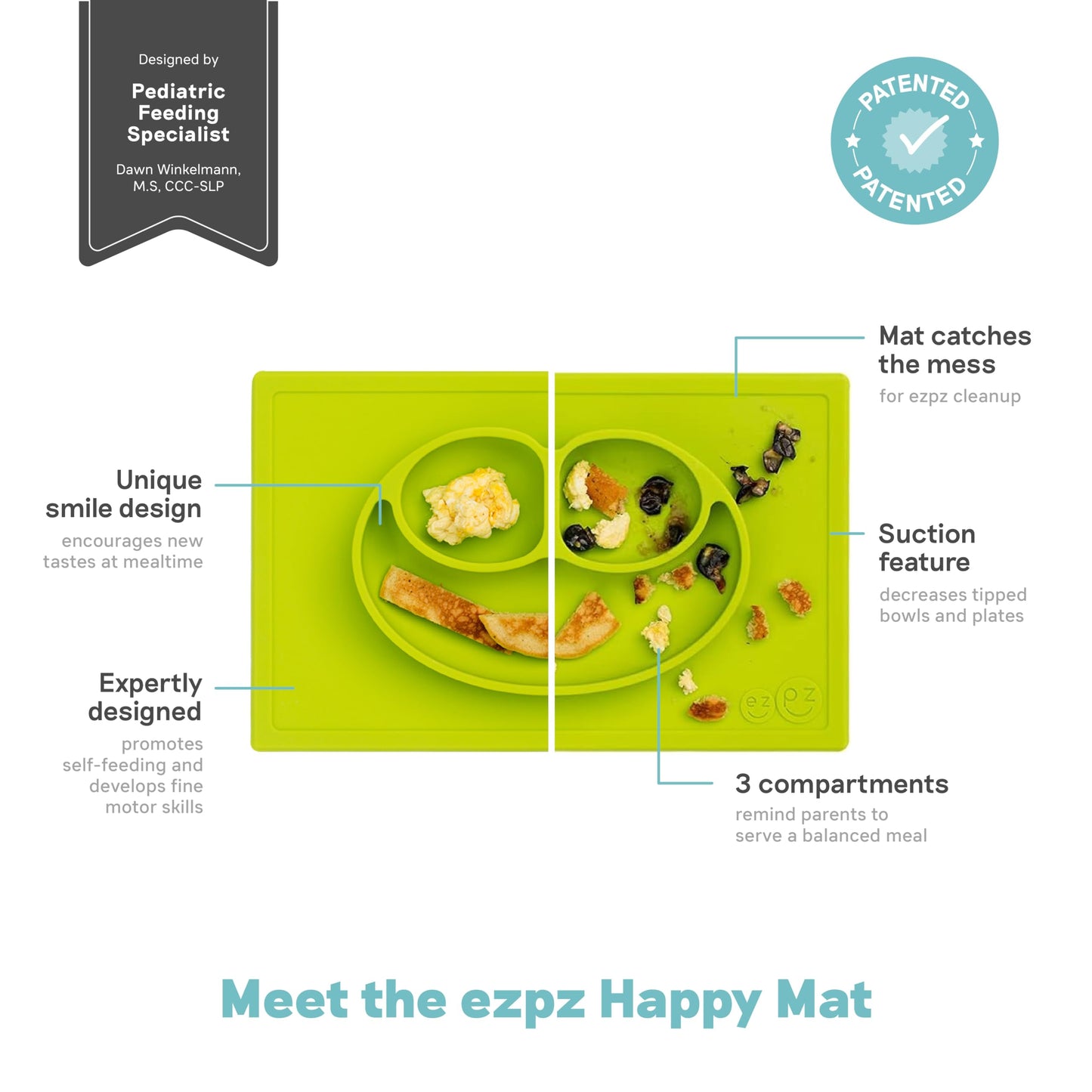 Ezpz Happy Mat - 24 Months+ (Lime) - 100% Silicone Suction Plate With Built-In Placemat For Toddlers + Preschoolers - Divided To