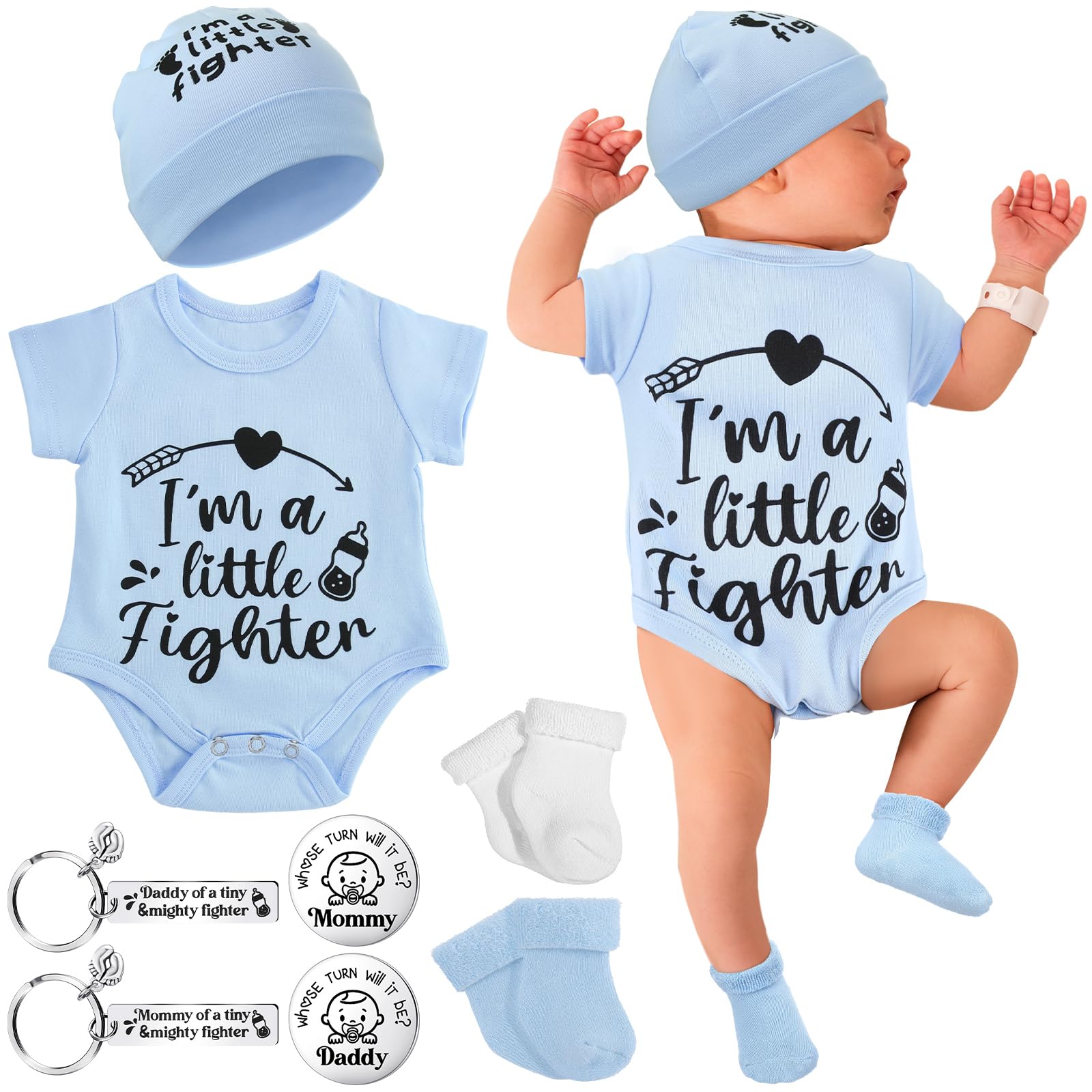 Toulite NICU Preemie Baby Gift Set Im Little Fighter Preemie Baby Hat and Bodysuit Cotton Socks with Keychain Coin (Light Blue)