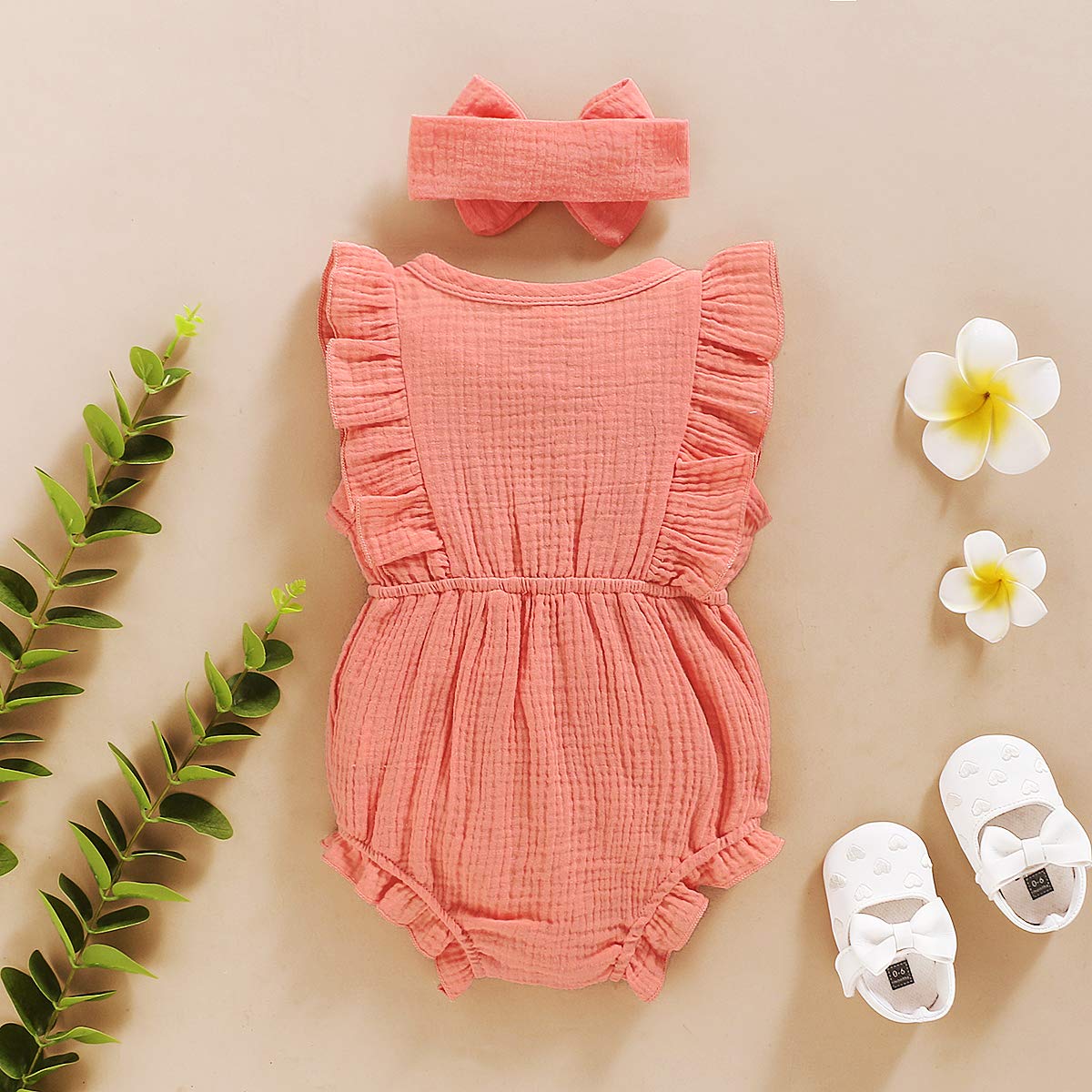 Younger Tree Toddler Baby Girl Ruffled Sleeveless Romper Casual Summer Jumpsuit Cotton Linen Clothes (Button-Pink, 0-3 Months)