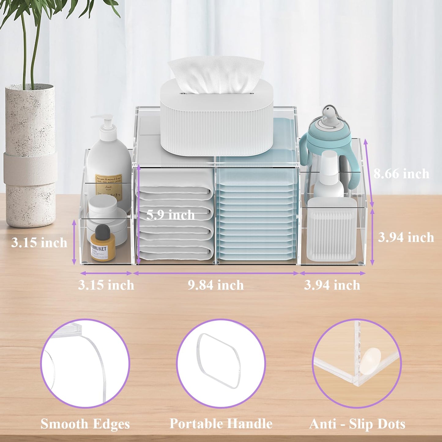 Acrylic Diaper Caddy, Clear & Detachable Diaper Stacker Holder Storage, Baby Changing Table Organizer For Baby Diapers, Wipes &