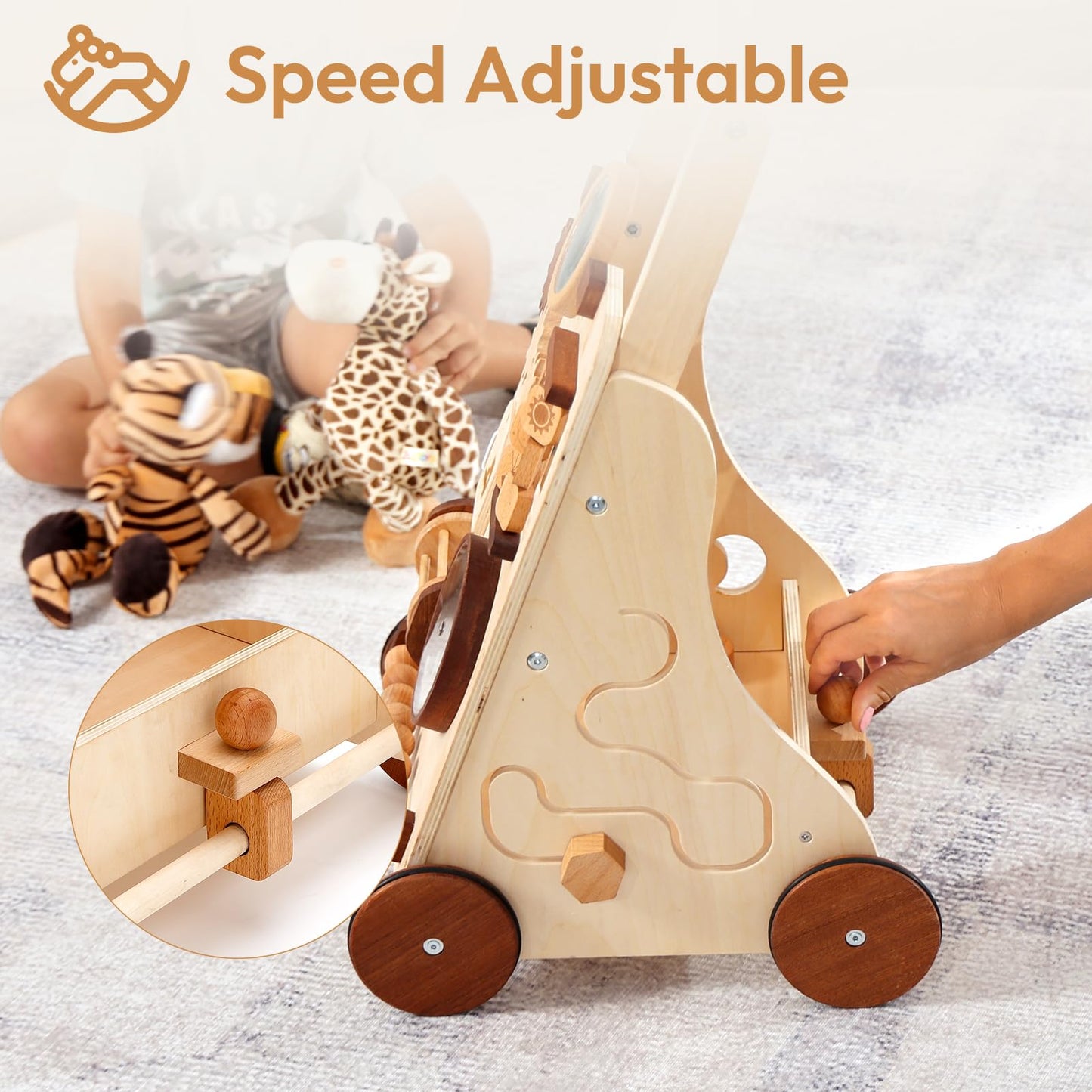 Woodtoe Wooden Baby Walker, Adjustable Speed Push Walker, Montessori Walker for Boys and Girls, Baby Activity Center, Sit to Sta