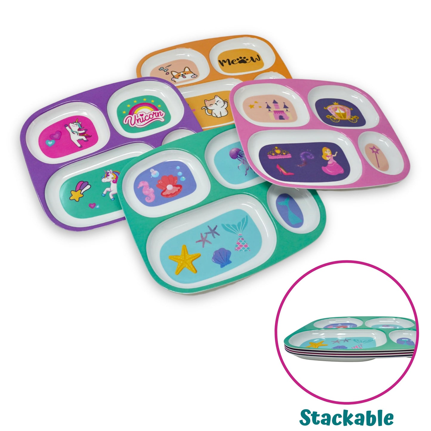 4E'S Novelty 4 Melamine Dinner Plate For Kids Girls, Plastic Mealtime Divided Plates, Dinnerware Dishes Set For Toddlers Picky E