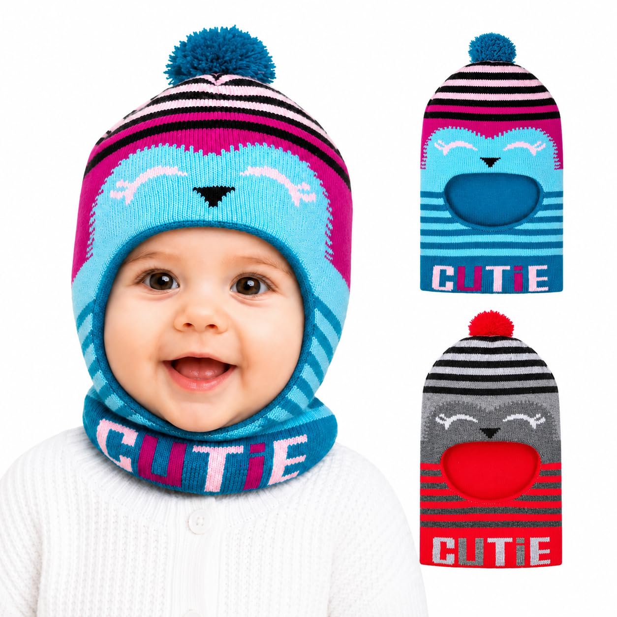 Nilavan Unisex Woolen Monkey Caps For Babies (Pack Of 2) | Soft Knitted Winter Caps With Ear & Neck Coverage | Cute Face Muffler