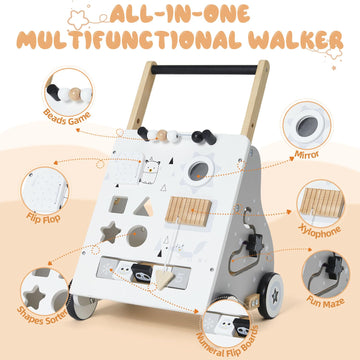 PTINFLUCE Wooden Baby Walker, Baby Push Walker with Wheel, Push and Pull Toys Learning to Walk, Montessori Walker Toy for Kids D