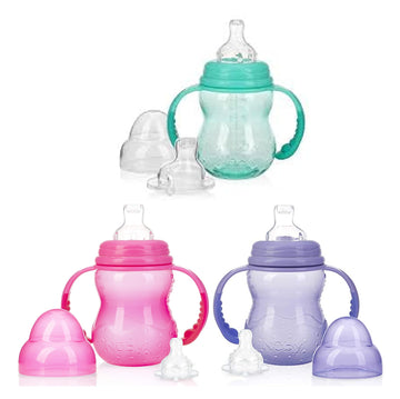 Nuby 3-Stage Wide Neck No Spill Bottle With Handles And Non-Drip Juice Spout, 3 Months, 8 Ounce, 3 Count, Pink/Purple/Teal (Pink