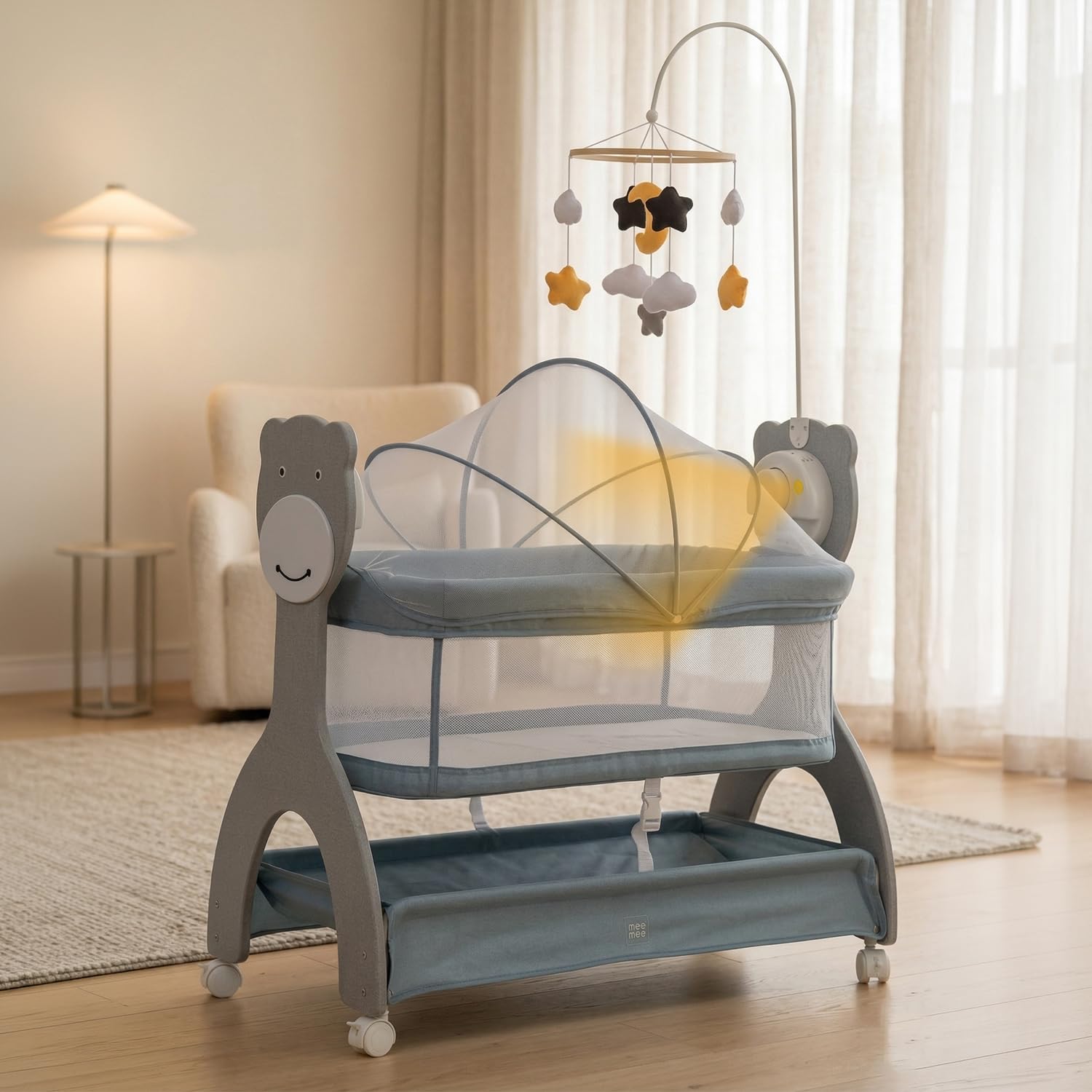 Mee Mee Sweet Love Automatic Electric Cradle With Cot Mobile | BuiltIn Soft Night Lamp | Remote 3Speed Swing | Soothing Music 