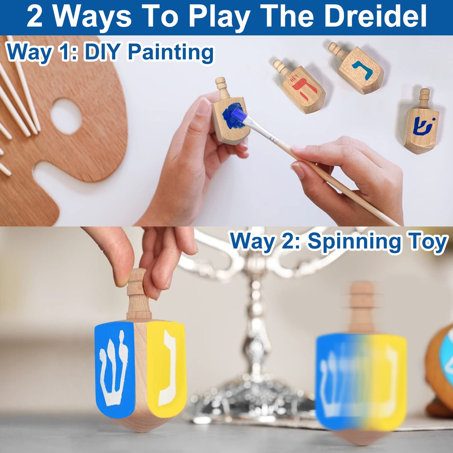 Amenon 24 Pack Hanukkah Wooden Dreidel, 3 Inch Blank Natural Wooden Chanukah Dreidel Diy Project Painted For Hanukkah Party Game