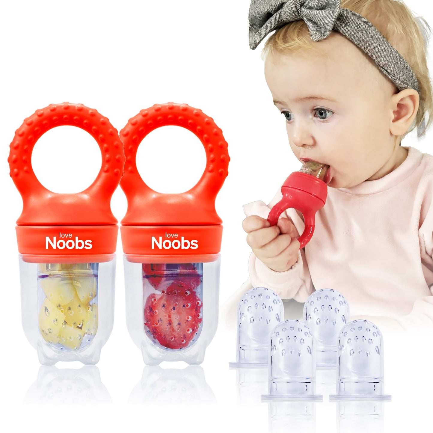 Baby Fruit Feeder by Lovenoobs, Frozen Teething Toys for Babies, 2 Pack, Fruit Pacifier with 6 Teats, BPA/BPS Free, Mesh Teether