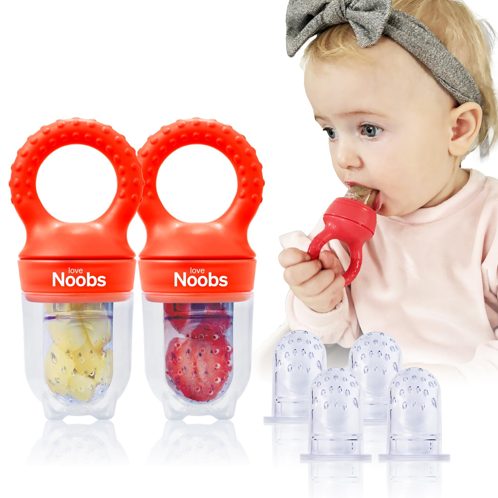 Baby Fruit Feeder by Lovenoobs, Frozen Teething Toys for Babies, 2 Pack, Fruit Pacifier with 6 Teats, BPA/BPS Free, Mesh Teether