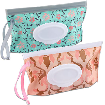 Febsnow 2 Pack Wet Wipe Dispenser, Reusable Baby Wipes Container, Refillable Wet Wipe Holder, Portable Travel Wet Wipe Pouch Cas