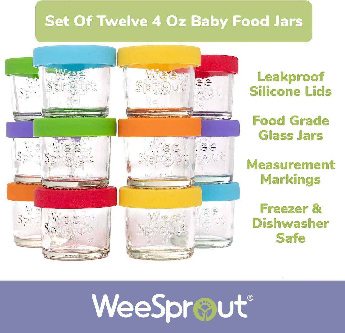 Weesprout Glass Baby Food Storage Jars W/Lids (4 Oz, 12 Pack Set) Snack, Puree, Reusable Small Containers, Breast Milk, Fridge O