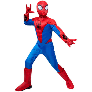 Marvel Spider-Man Official Youth Halloween Costume - Padded Jumpsuit With Gloves, Boot Covers, And Detachable Mask (S) Multi