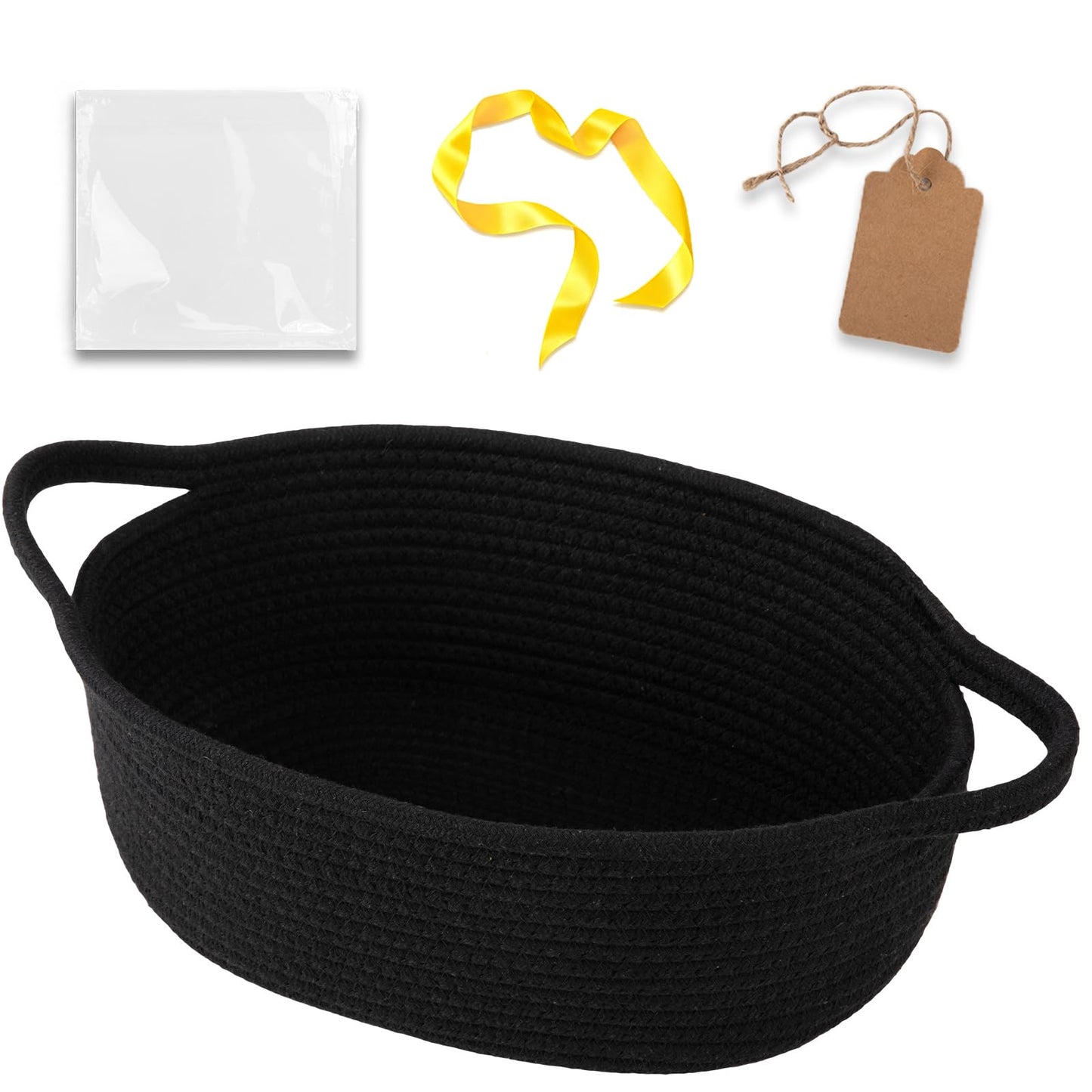 OIAHOMY Small Woven Basket with Gift Bags, Ribbons & DIY Label Card, Baskets for Gifts Empty, Small Rope Basket 12 * 8 * 5IN, Cu